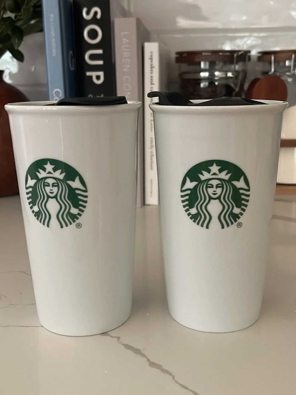 Starbucks White Ceramic Tumbler with Black Text - 10 fl oz